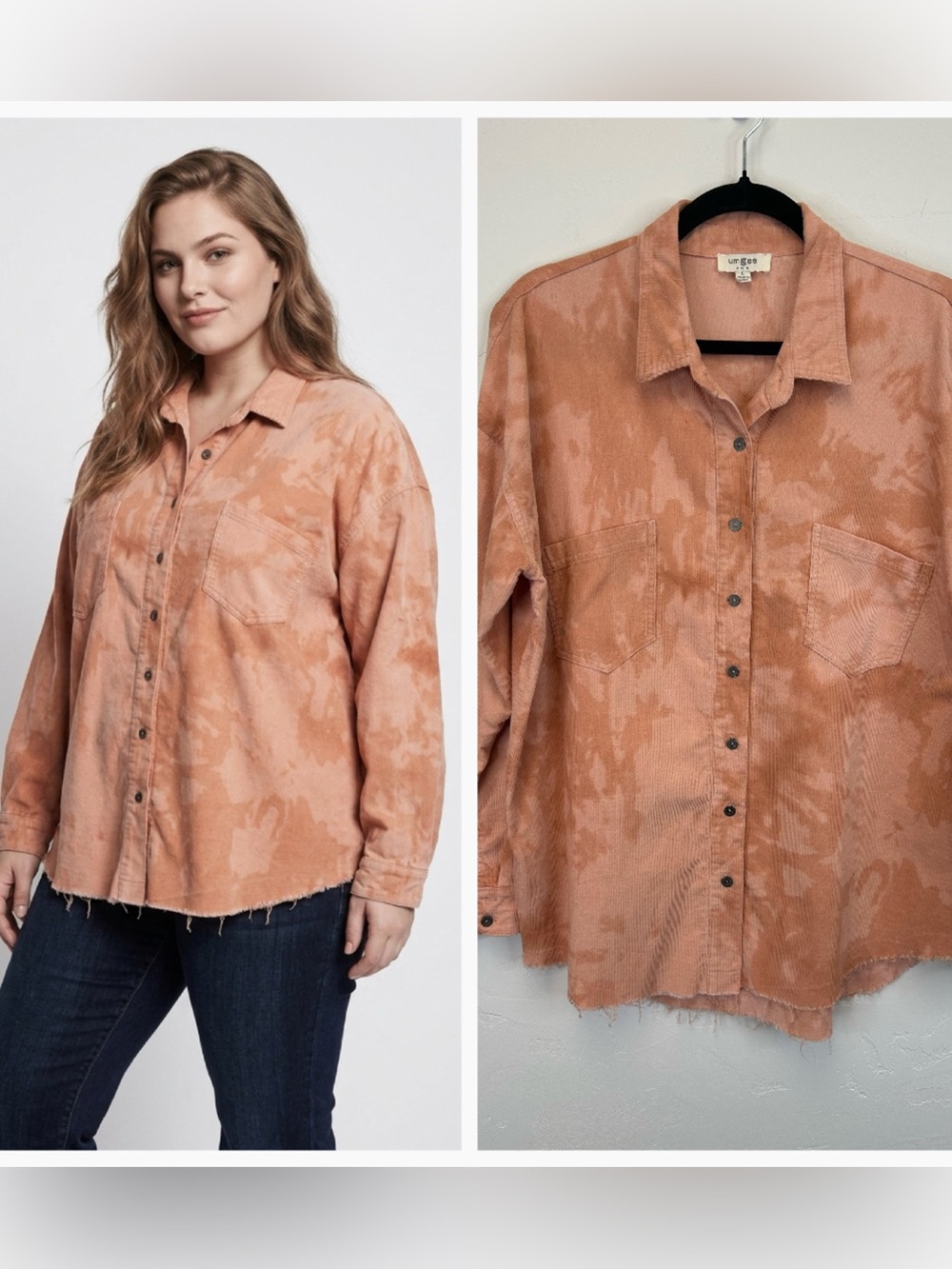 Tie Dye Corduroy Peach Boho Long Sleeve Button Up Size L Shirt Frayed Hem Grunge